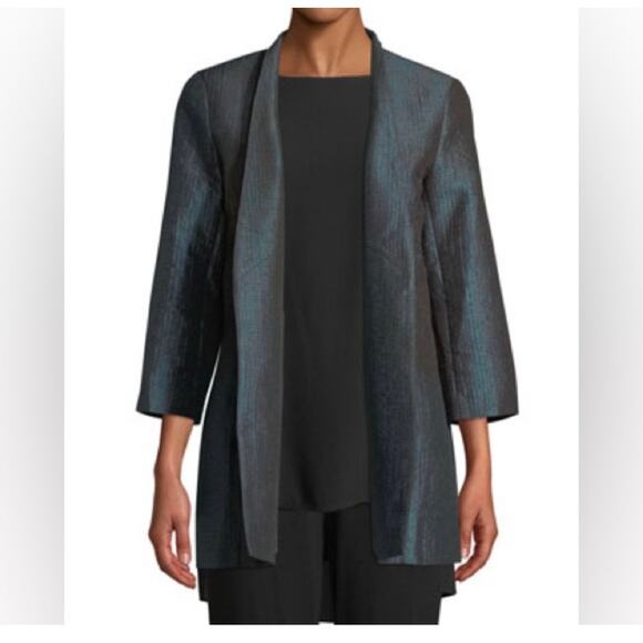 Eileen Fisher Pine Infinity Jacquard Blazer Jacket Shawl Collar Green SZ Medium - Picture 2 of 12
